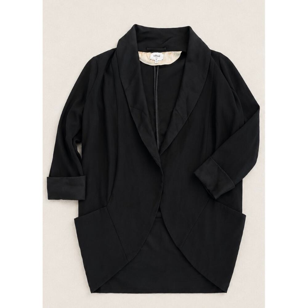 Aritzia Wilfred Cocoon Blazer Black Shawl Satin Collar Open Front Minimalist S